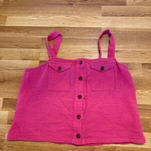 Evereve‎ Women's XL Tank Top Pink Cotton Button Front Double Gauze Summer Cami